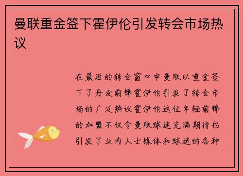 曼联重金签下霍伊伦引发转会市场热议