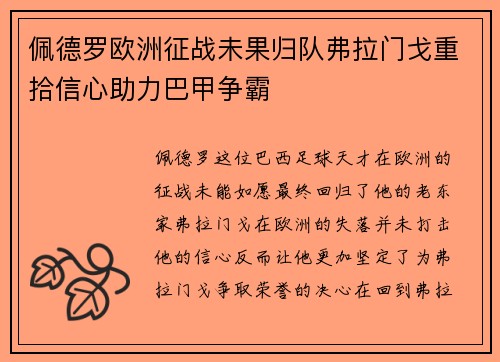 佩德罗欧洲征战未果归队弗拉门戈重拾信心助力巴甲争霸 佩德罗欧洲征战未果归队弗拉门戈重拾信心助力巴甲争霸