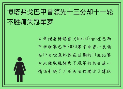 博塔弗戈巴甲曾领先十三分却十一轮不胜痛失冠军梦